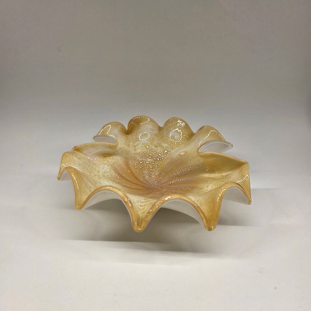 Vintage Murano Gold Aventurine Art Glass Ruffled Bowl Italy